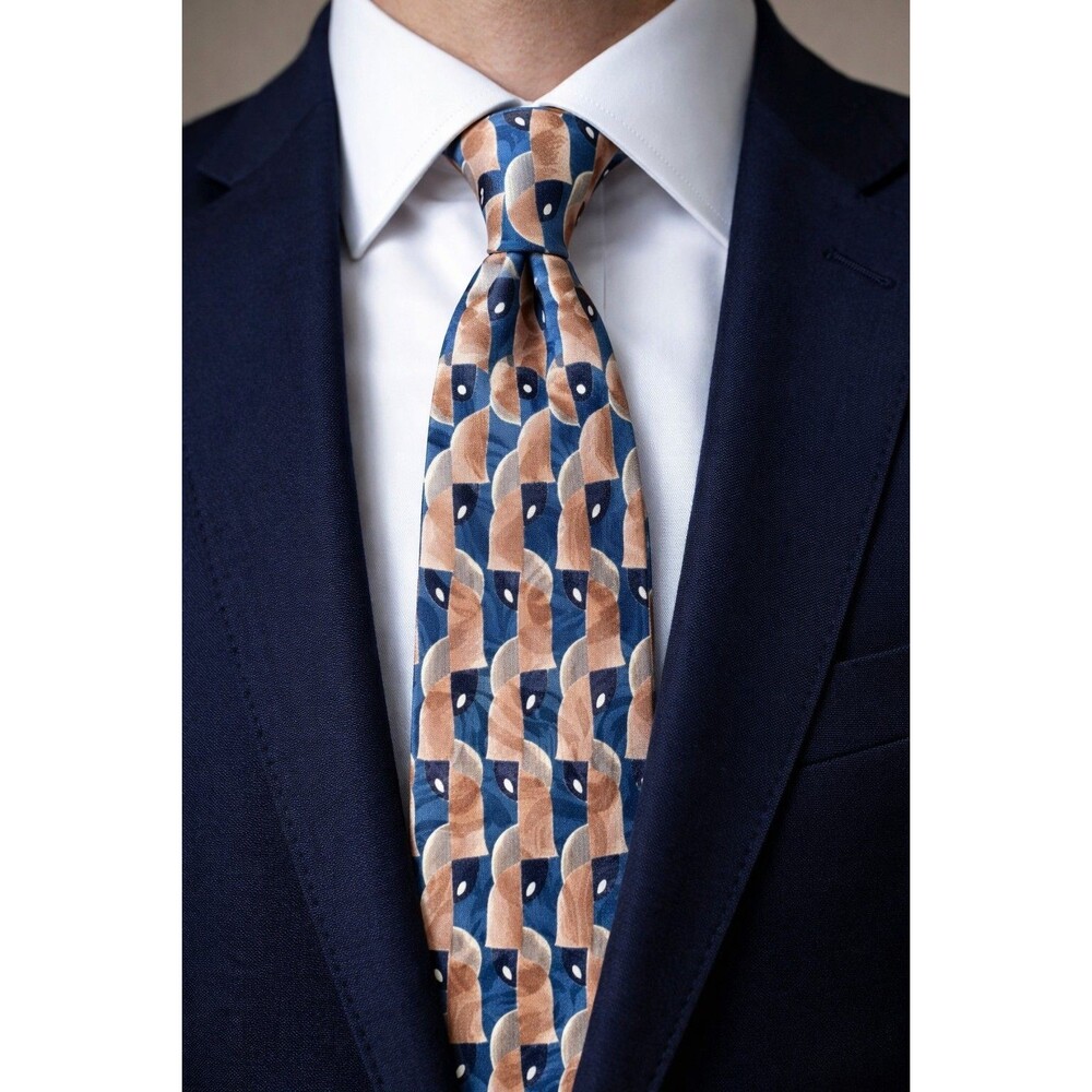 Tie 70s 80s 90s Y2K New Vintage Don Loper Blue Brown Geometric 4 Wide 59 Long